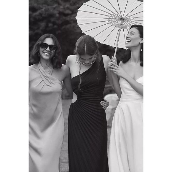 NWT Delfi Collective Solie Pleated One-Shoulder Cutout Sheath Gown Black Maxi - Picture 4 of 8